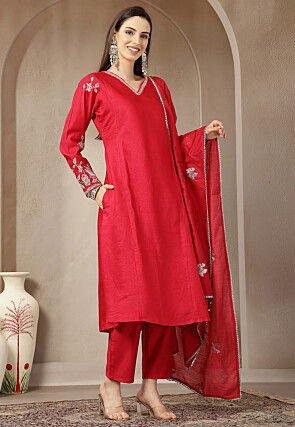 Embroidered Art Silk A Line Suit in Pink
