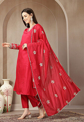 Embroidered Art Silk A Line Suit in Pink