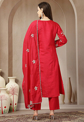 Embroidered Art Silk A Line Suit in Pink
