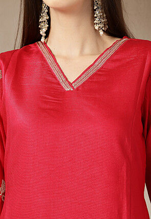 Embroidered Art Silk A Line Suit in Pink