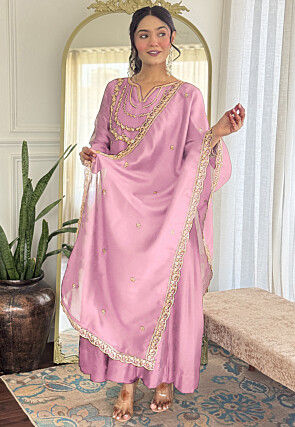 Embroidered Art Silk A Line Suit in Pink