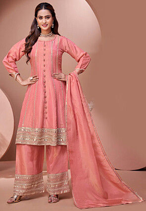 Embroidered Art Silk A Line Suit in Pink