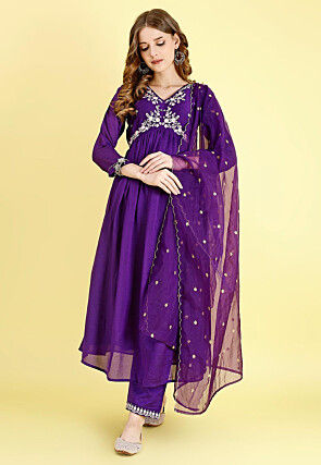 Embroidered Art Silk A Line Suit in Purple