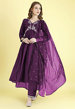 Embroidered Art Silk A Line Suit in Purple