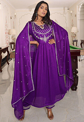 Embroidered Art Silk A Line Suit in Purple