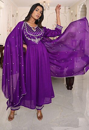 Embroidered Art Silk A Line Suit in Purple