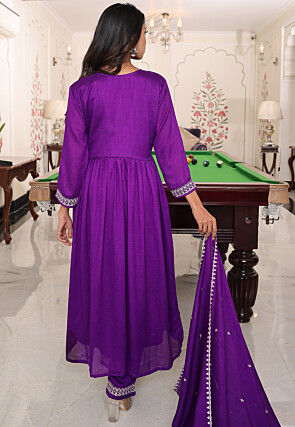 Embroidered Art Silk A Line Suit in Purple