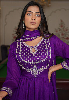 Embroidered Art Silk A Line Suit in Purple