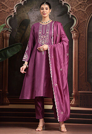 Embroidered Art Silk A Line Suit in Purple