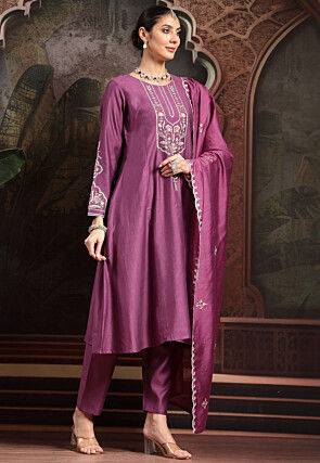 Embroidered Art Silk A Line Suit in Purple