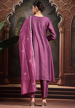 Embroidered Art Silk A Line Suit in Purple