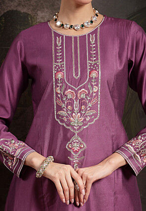 Embroidered Art Silk A Line Suit in Purple