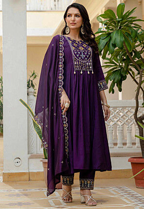 Embroidered Art Silk A Line Suit in Purple