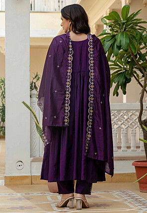 Embroidered Art Silk A Line Suit in Purple