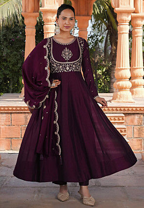 Embroidered Art Silk A Line Suit in Purple