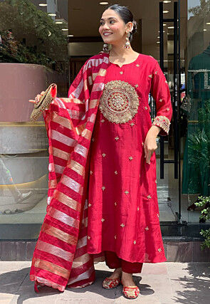 Embroidered Art Silk A Line Suit in Red