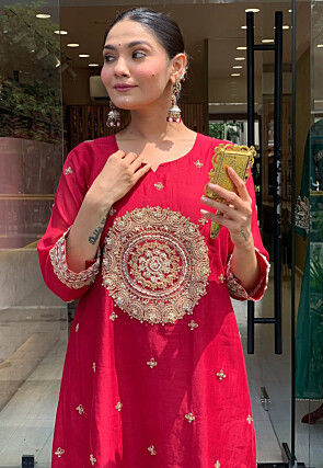 Embroidered Art Silk A Line Suit in Red