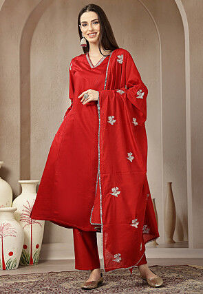 Embroidered Art Silk A Line Suit in Red