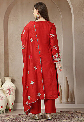 Embroidered Art Silk A Line Suit in Red