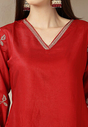 Embroidered Art Silk A Line Suit in Red