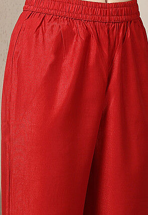 Embroidered Art Silk A Line Suit in Red