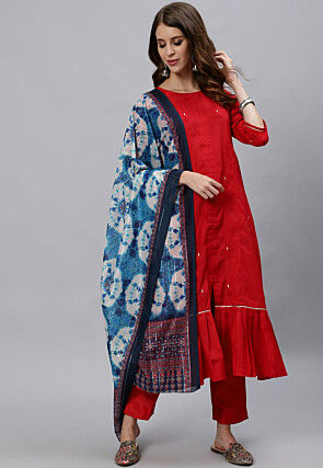 Embroidered Art Silk A Line Suit in Red