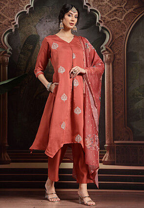 Embroidered Art Silk A Line Suit in Rust