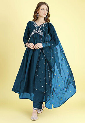 Embroidered Art Silk A Line Suit in Teal Blue