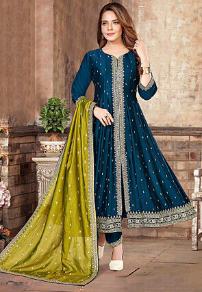 Embroidered Art Silk A Line Suit in Teal Blue
