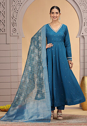 Embroidered Art Silk A Line Suit in Teal Blue