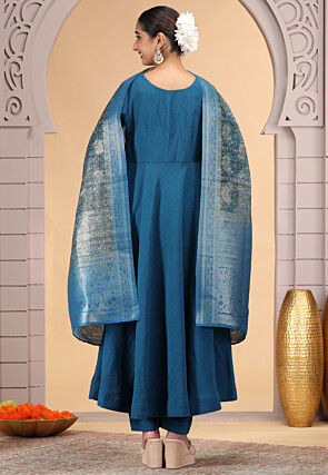 Embroidered Art Silk A Line Suit in Teal Blue