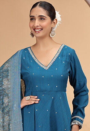 Embroidered Art Silk A Line Suit in Teal Blue