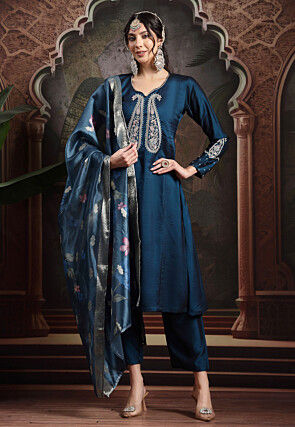 Embroidered Art Silk A Line Suit in Teal Blue