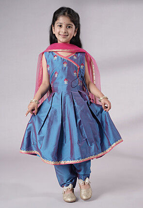 Embroidered Art Silk A Line Suit in Teal Blue