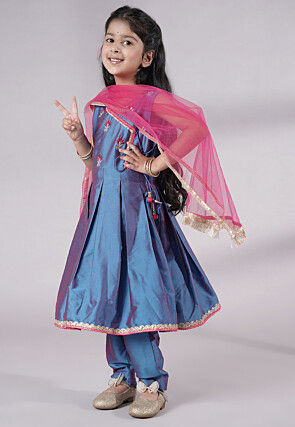 Embroidered Art Silk A Line Suit in Teal Blue