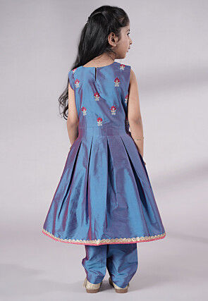 Embroidered Art Silk A Line Suit in Teal Blue