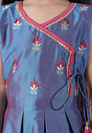 Embroidered Art Silk A Line Suit in Teal Blue