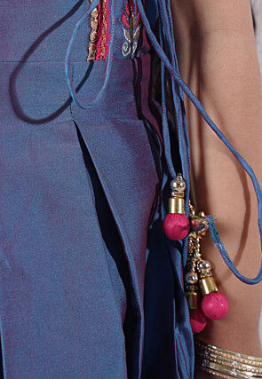 Embroidered Art Silk A Line Suit in Teal Blue