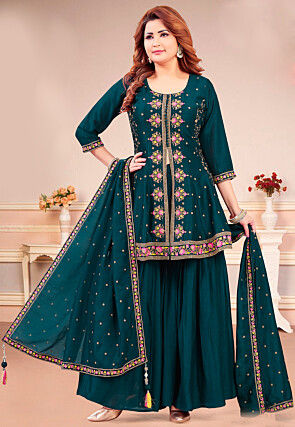 Embroidered Art Silk A Line Suit in Teal Green