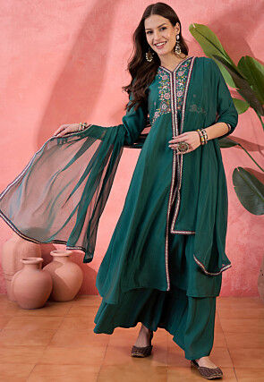 Embroidered Art Silk A Line Suit in Teal Green