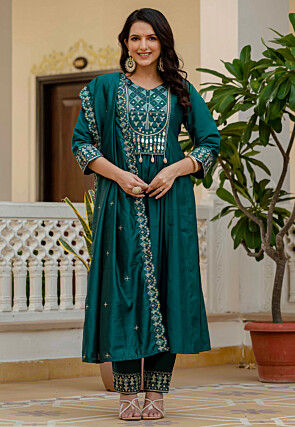 Embroidered Art Silk A Line Suit in Teal Green