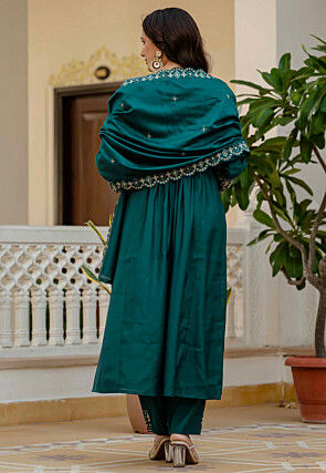 Embroidered Art Silk A Line Suit in Teal Green