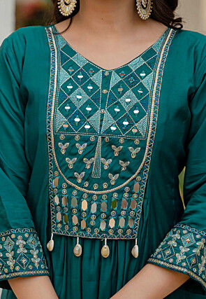 Embroidered Art Silk A Line Suit in Teal Green