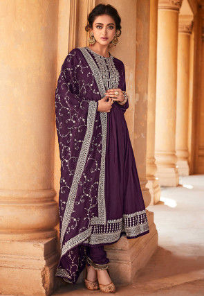 Embroidered Art Silk A Line Suit in Wine