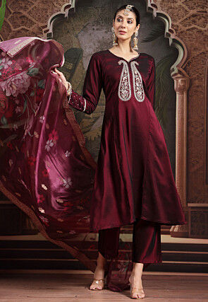 Embroidered Art Silk A Line Suit in Wine