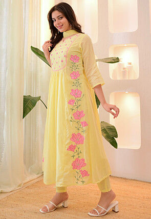 Embroidered Art Silk A Line Suit in Yellow