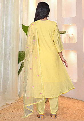 Embroidered Art Silk A Line Suit in Yellow