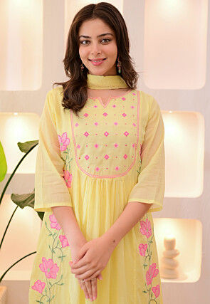 Embroidered Art Silk A Line Suit in Yellow