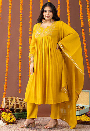 Embroidered Art Silk A Line Suit in Yellow