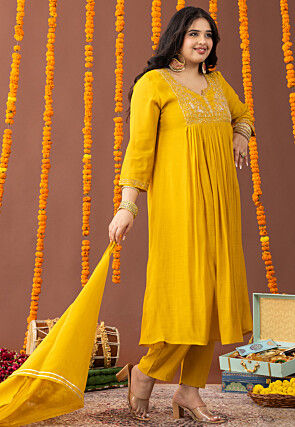 Embroidered Art Silk A Line Suit in Yellow